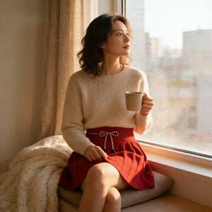 Knit Pleated Rope-Tie Mini Skirt