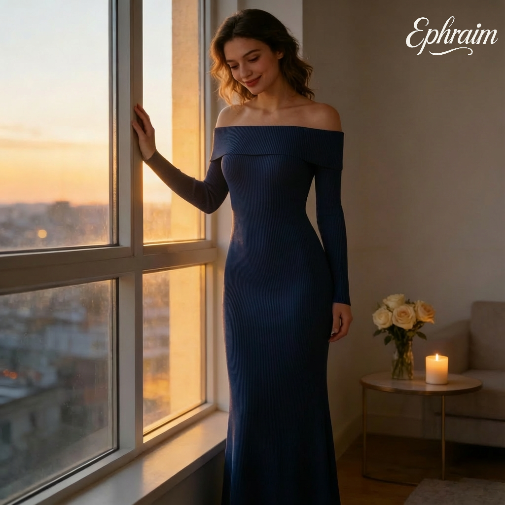 Off-Shoulder Pleated Knit Maxi Dress