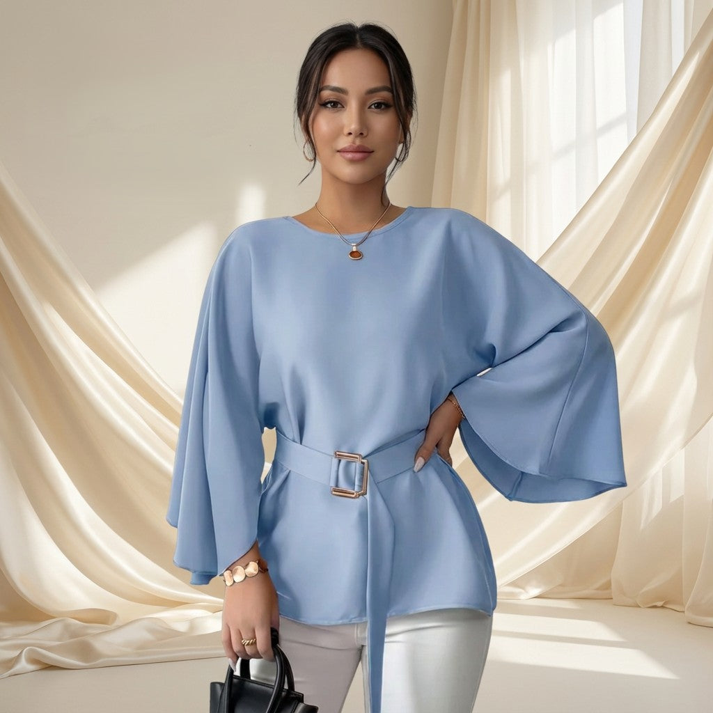 Elegant Mid-Sleeve Belted Chiffon Top
