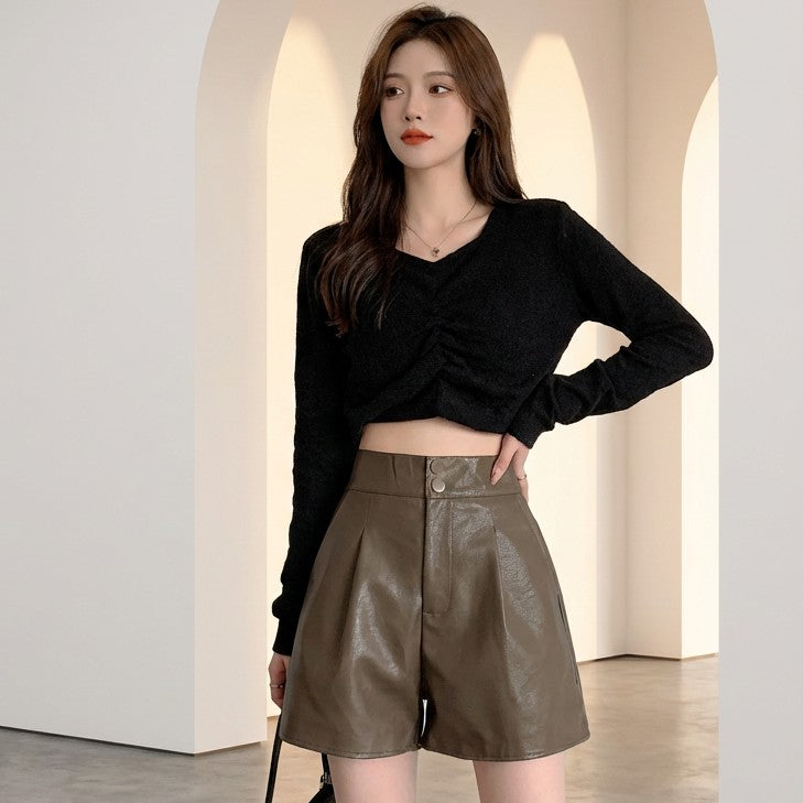 Harajuku High-Waist PU Leather A-Line Shorts