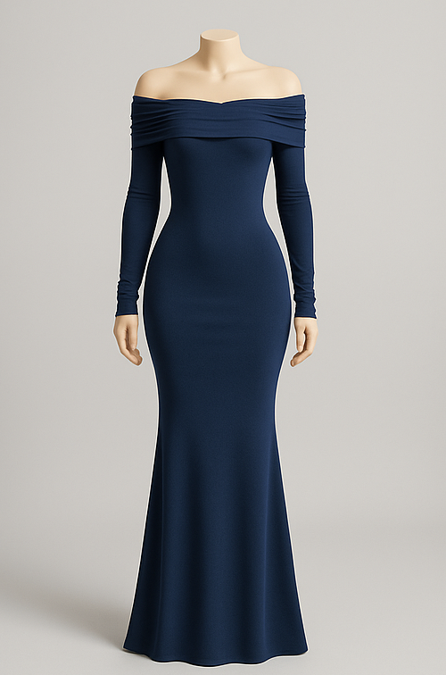 Off-Shoulder Pleated Knit Maxi Dress