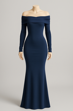 Off-Shoulder Pleated Knit Maxi Dress