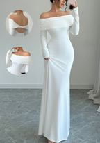 Off-Shoulder Pleated Knit Maxi Dress