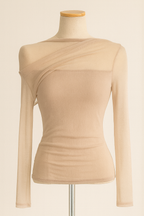 Slant-Collar Mesh Long Sleeve Top