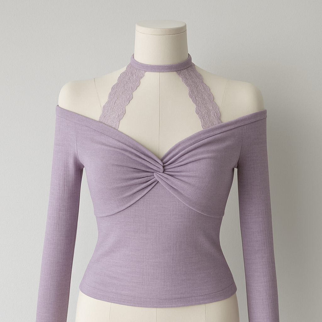 A185 Halterneck Lace Long-Sleeve Top