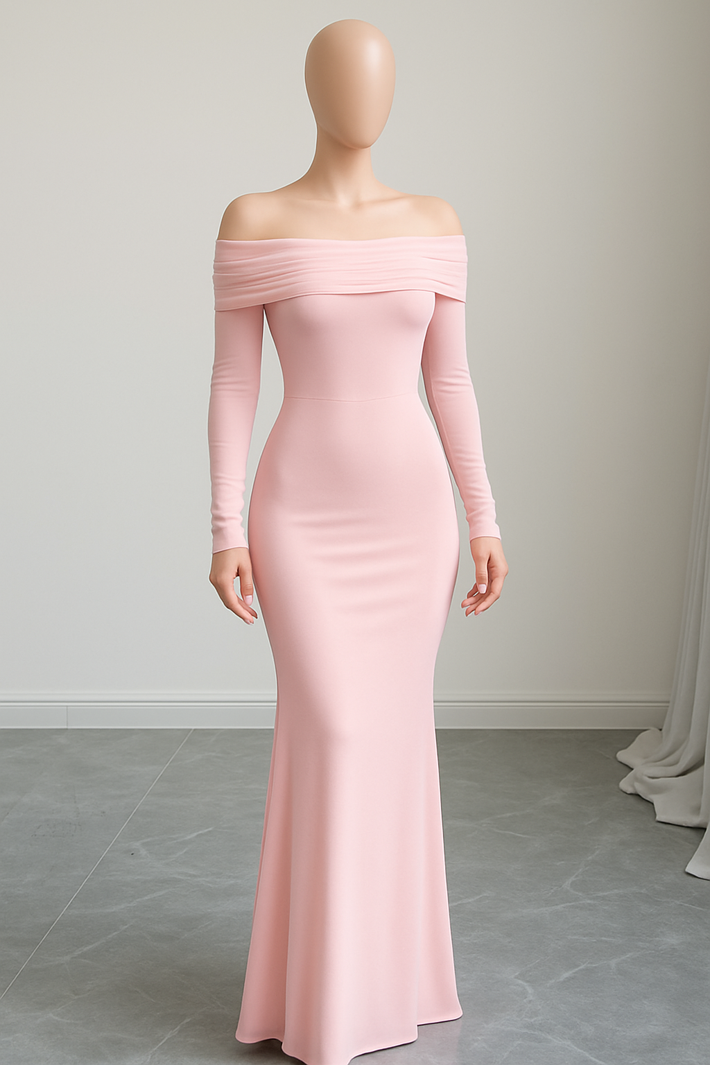 Off-Shoulder Pleated Knit Maxi Dress