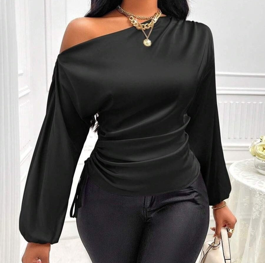 Asymmetrical Satin Slope-Collar Shirt