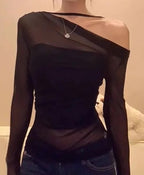 Slant-Collar Mesh Long Sleeve Top