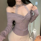 A185 Halterneck Lace Long-Sleeve Top