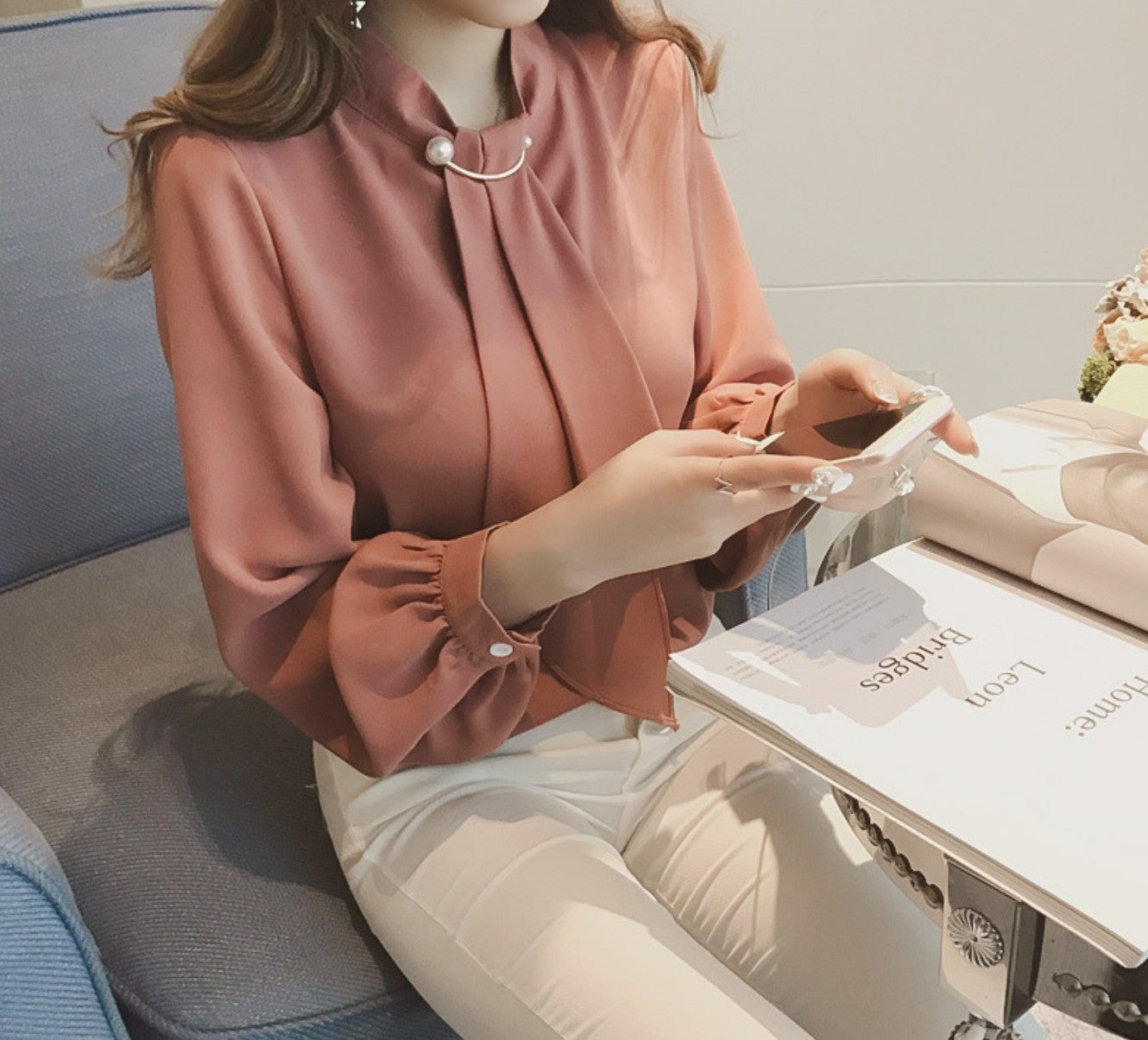 Lantern-Sleeve Korean Chiffon Top