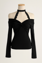 A185 Halterneck Lace Long-Sleeve Top