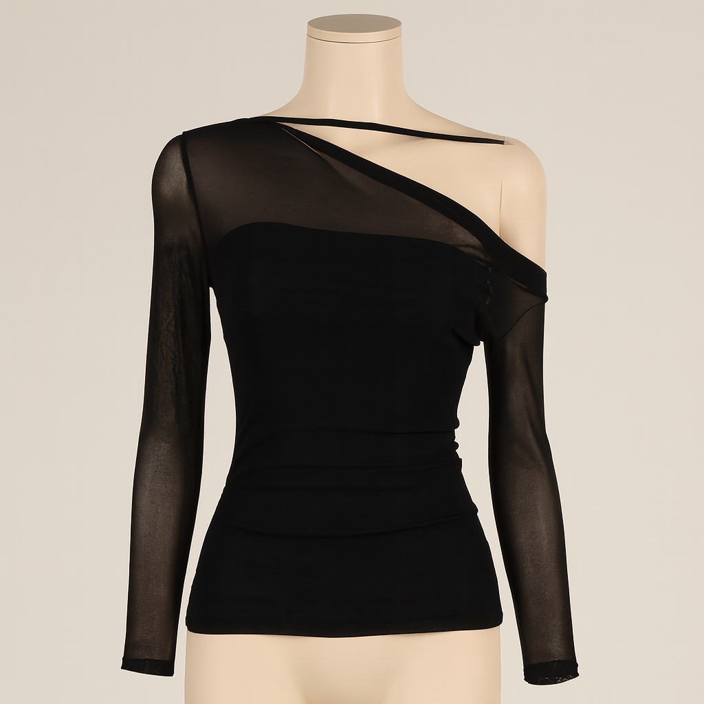 Slant-Collar Mesh Long Sleeve Top